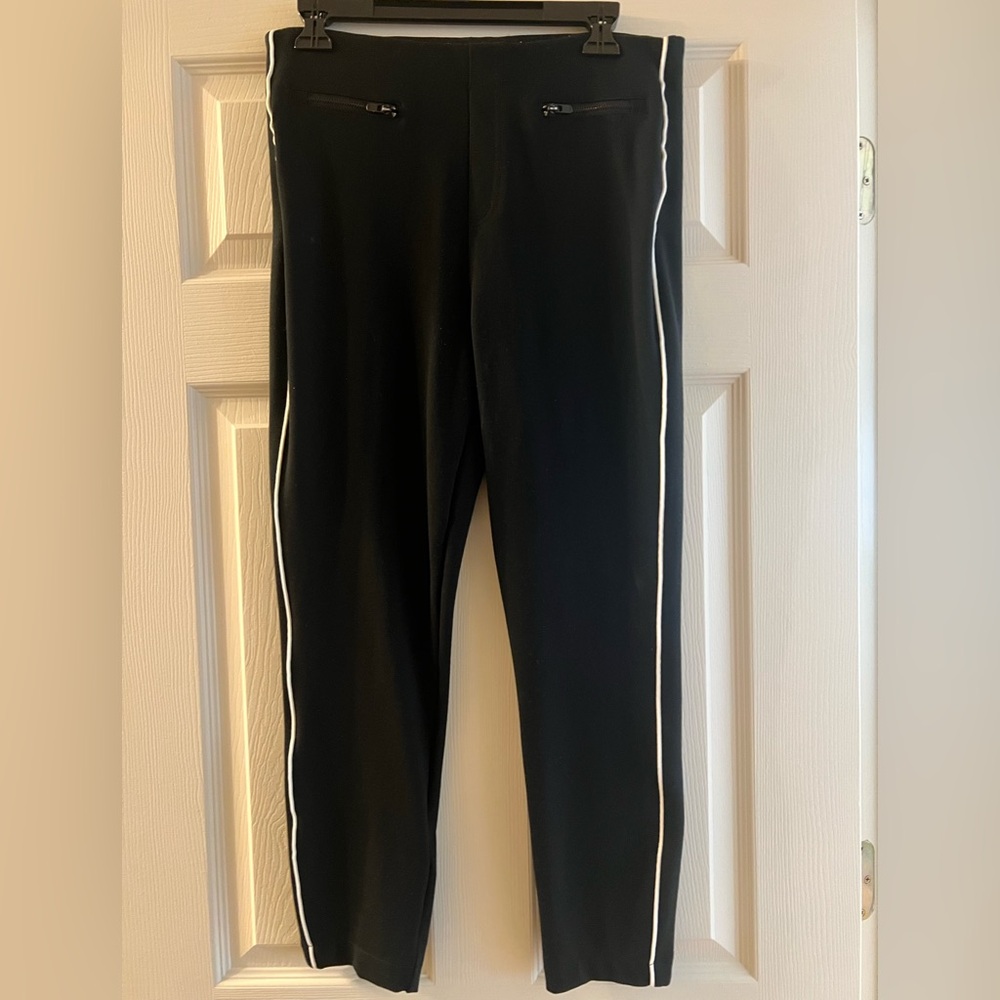 Spanx black ponte pants with side white piping, size large, excellent condition